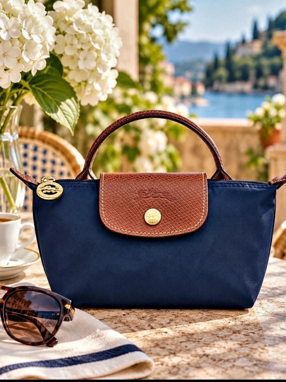 Longchamp Nylon Tote in Blue & Brown
